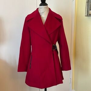 Trina Turk Red Wrap Coat with faux leather wrap belt